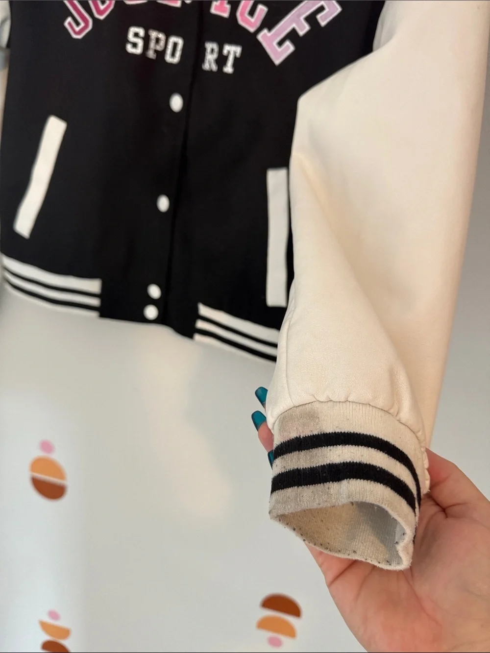 Justice Black & White Varsity Jacket with Pink Lettering N0098